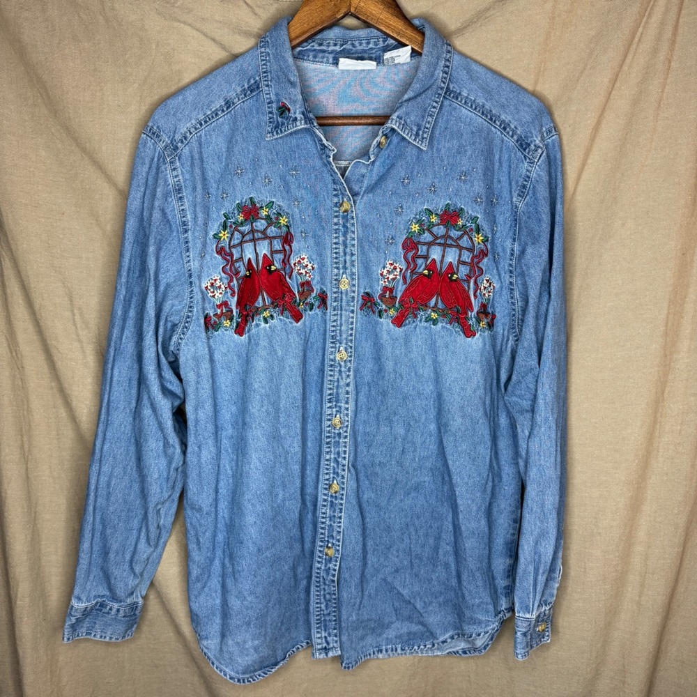 Bobbie Brooks Vintage Denim Button Up Shirt Cardinal Christmas Embroidery Large